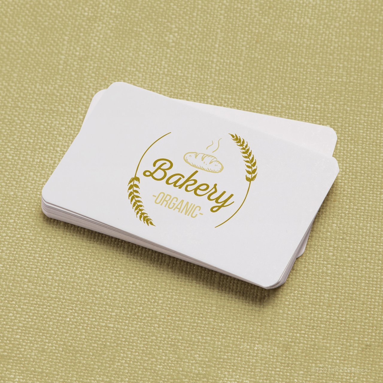 麻布背景上的卡片贴图样机烘焙店logo样机