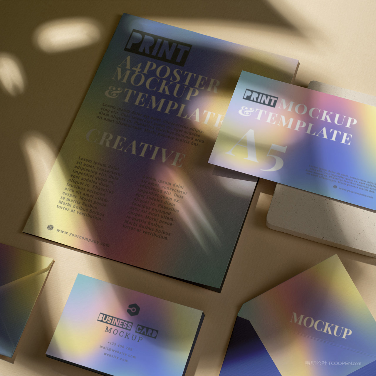 绚丽多彩的时尚vi文档信封信纸名片贴图样机