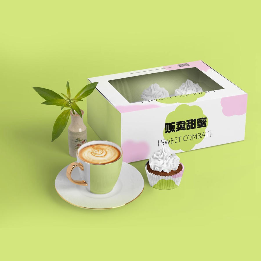 清新绿甜点蛋糕盒包装样机