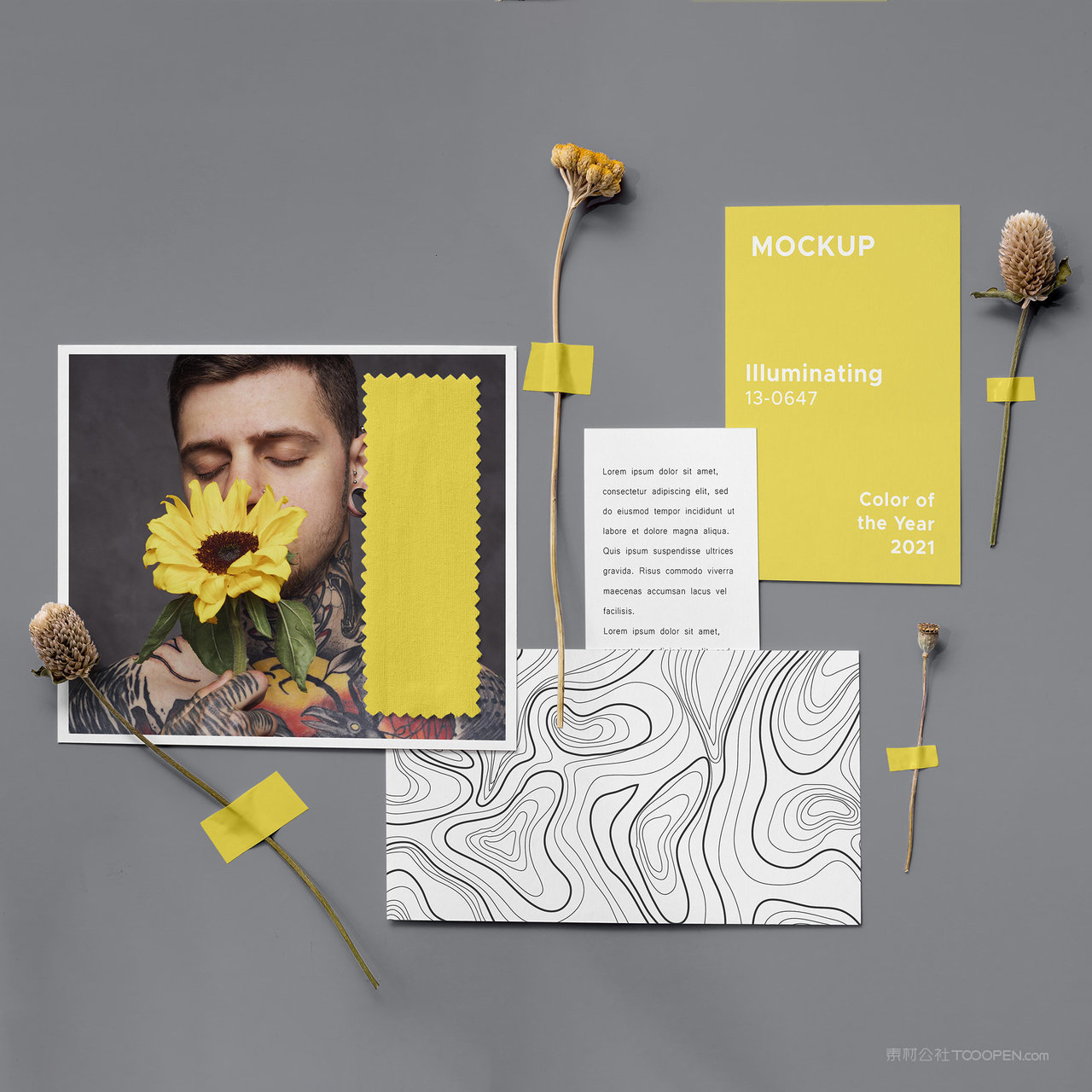 黄色花朵办公用品vi贴图样机