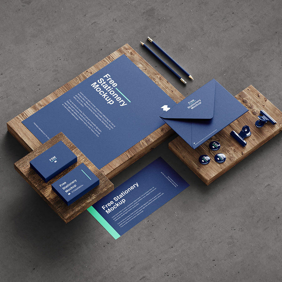 蓝色背景信封名片单页高档VI样机场景贴图素材