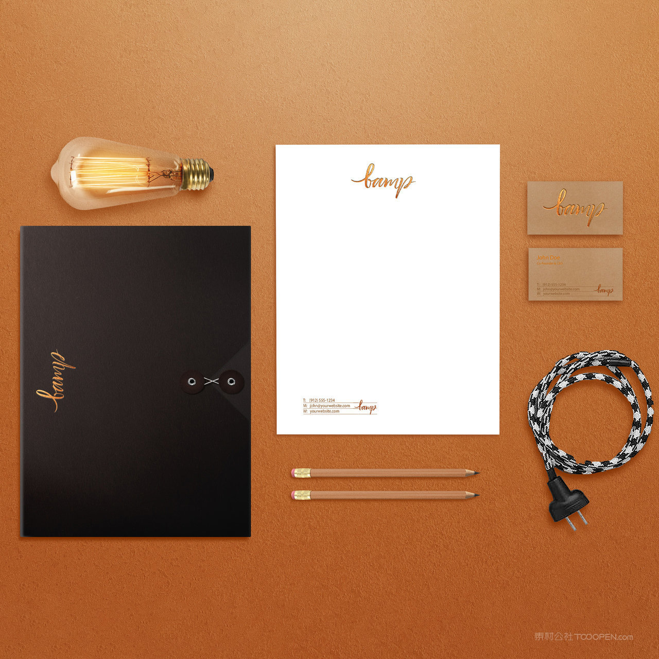 灯具品牌VI名片文档文件袋灯泡贴图样机
