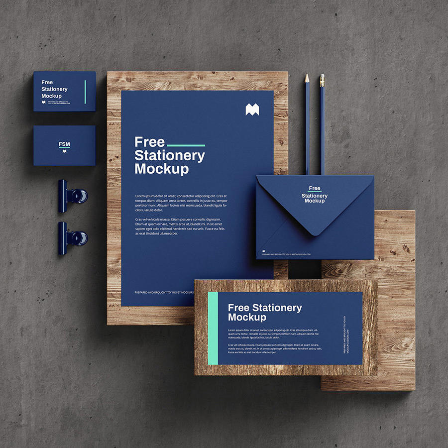 蓝色背景信封名片单页高档VI样机贴图素材