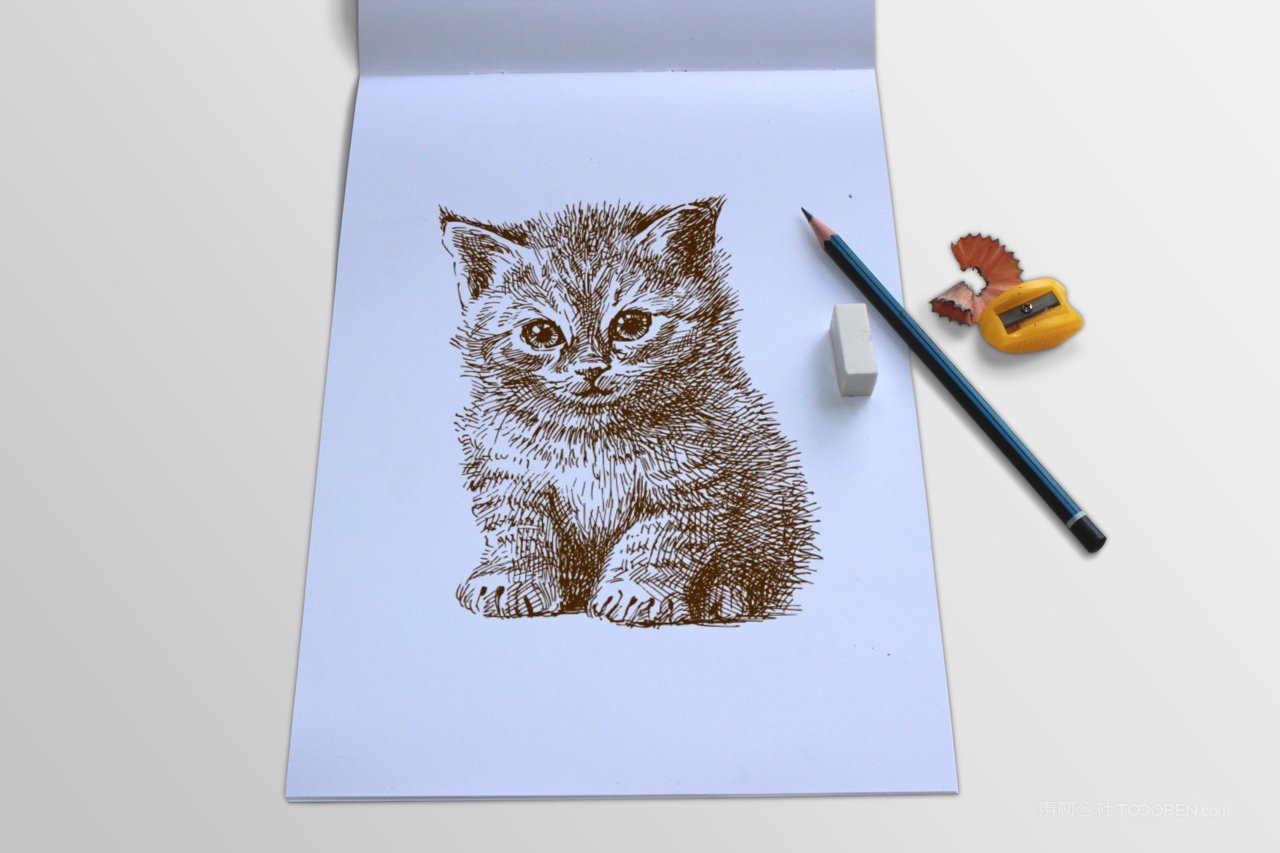 打开画册样机效果书籍画本素描本美术画笔铅笔