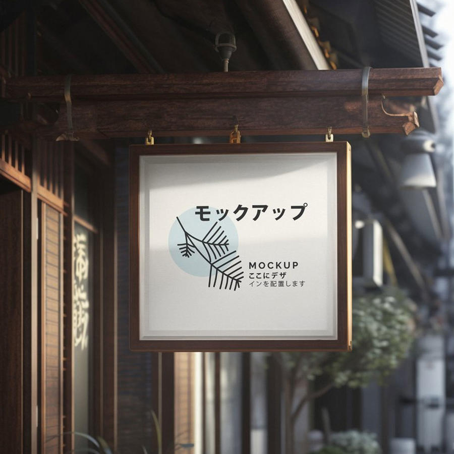 中式复古餐饮民宿店铺门头标志展示样机