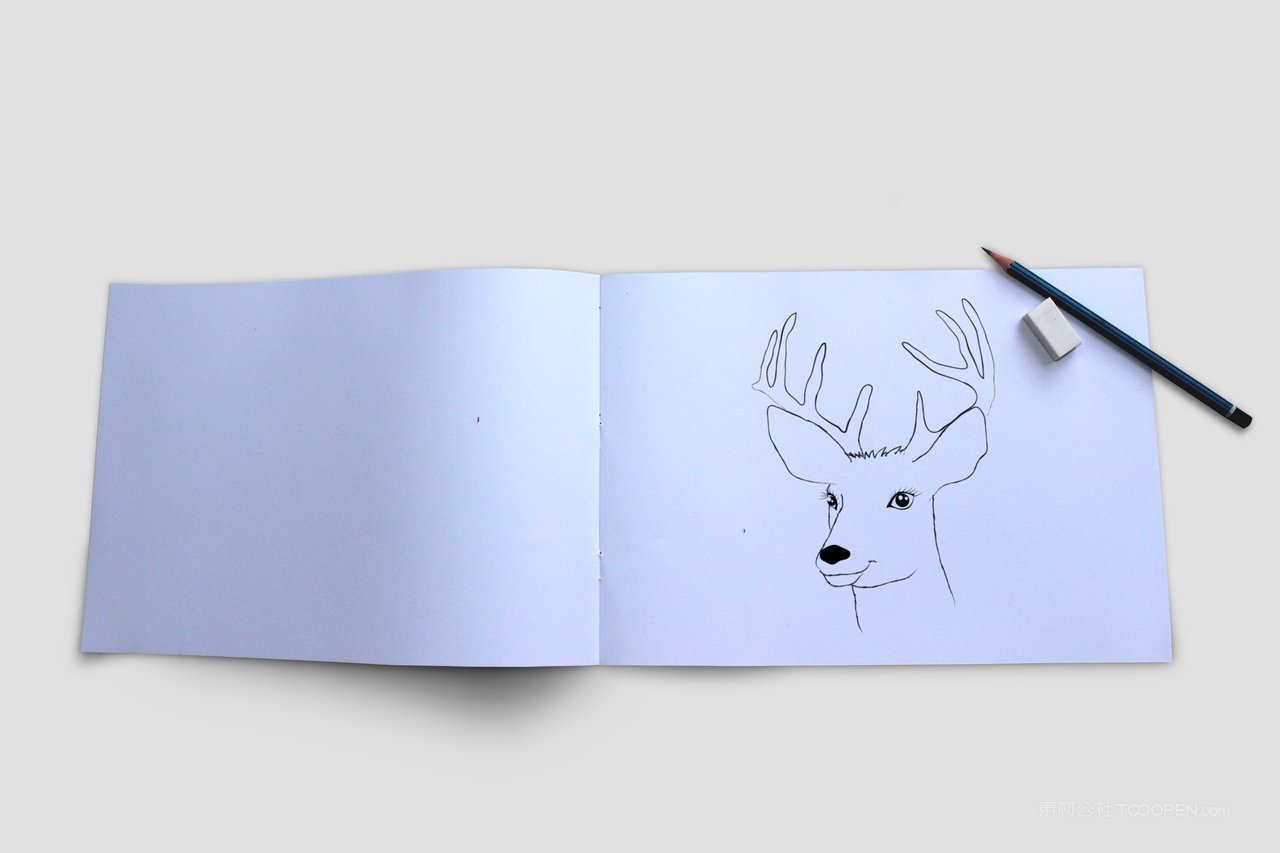 打开画册样机效果书籍画本素描本美术画笔铅笔