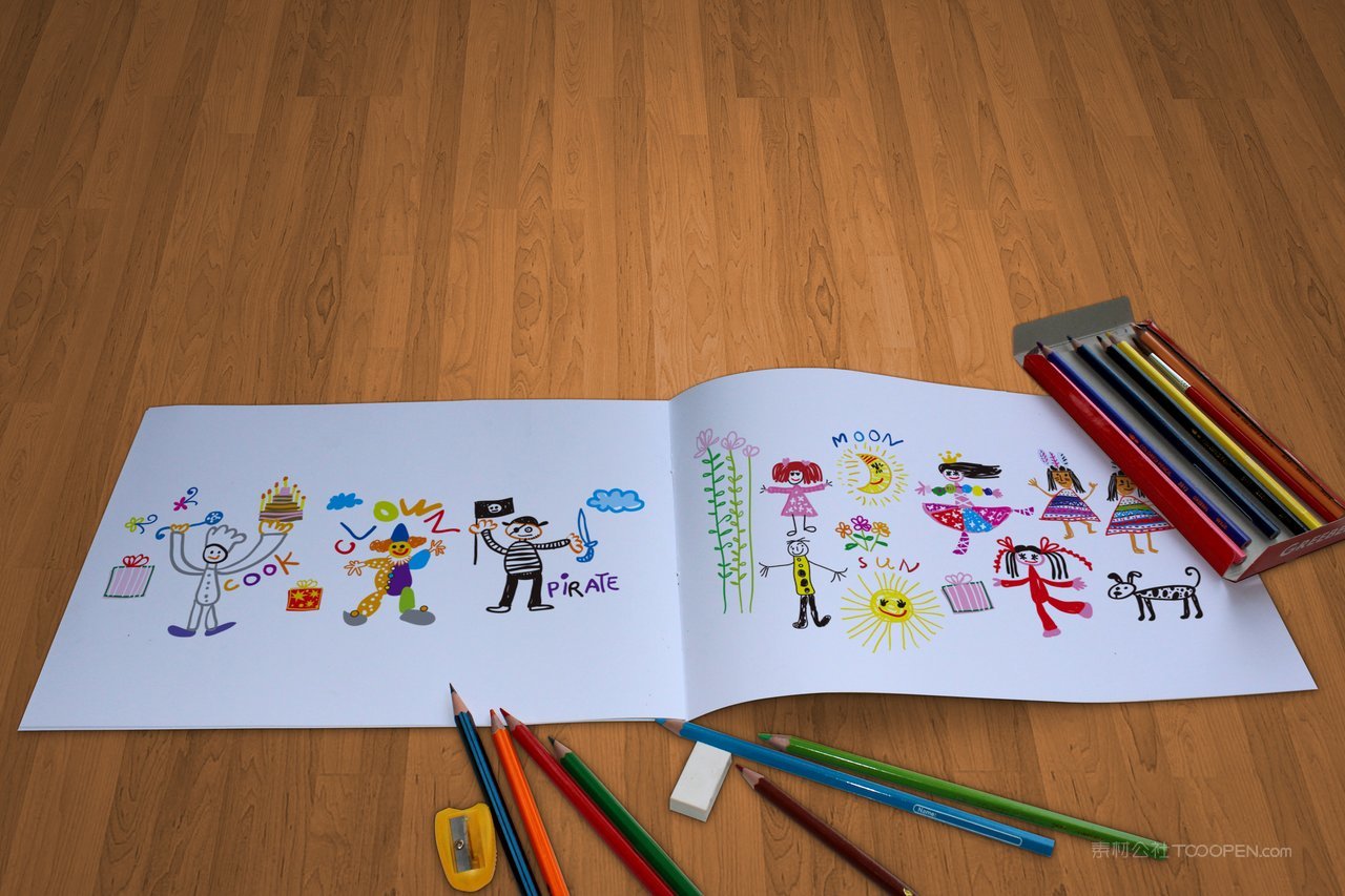 打开画册样机效果书籍画本素描本美术画笔铅笔