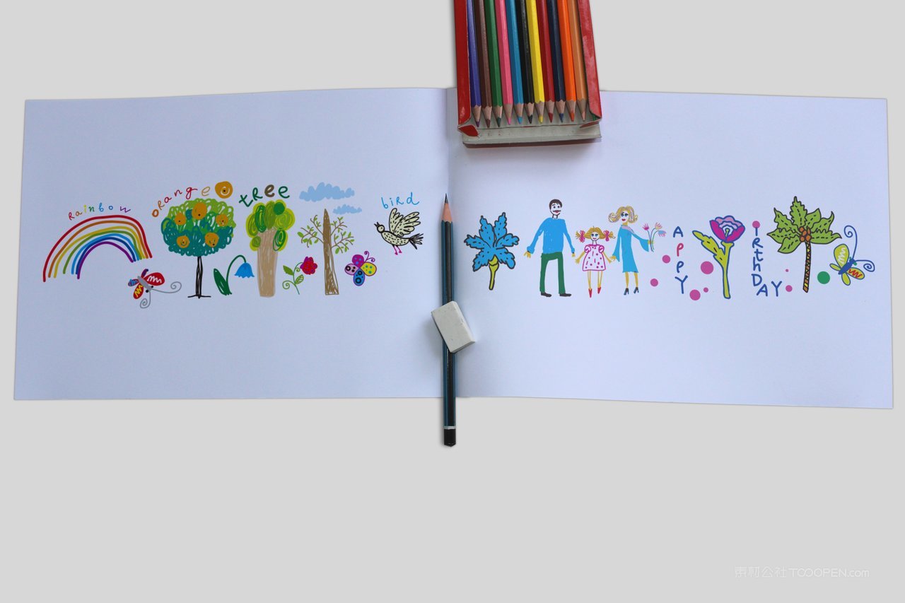 打开画册样机效果书籍画本素描本美术画笔铅笔