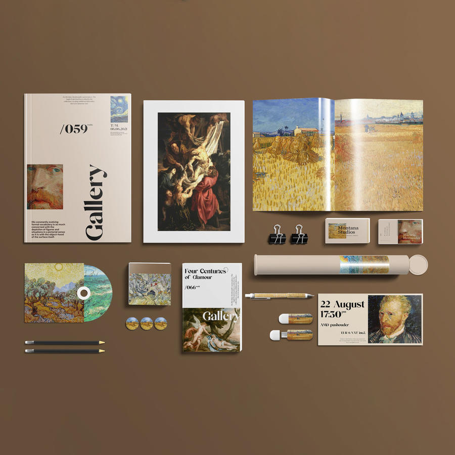 美术艺术展览馆画册光盘封面徽章名片橡皮擦宣传页笔邀请函包装样机