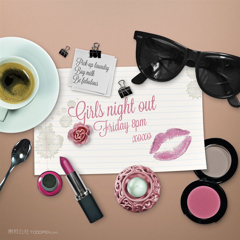 眼镜咖啡饮品口红面扑化妆女性场景样机