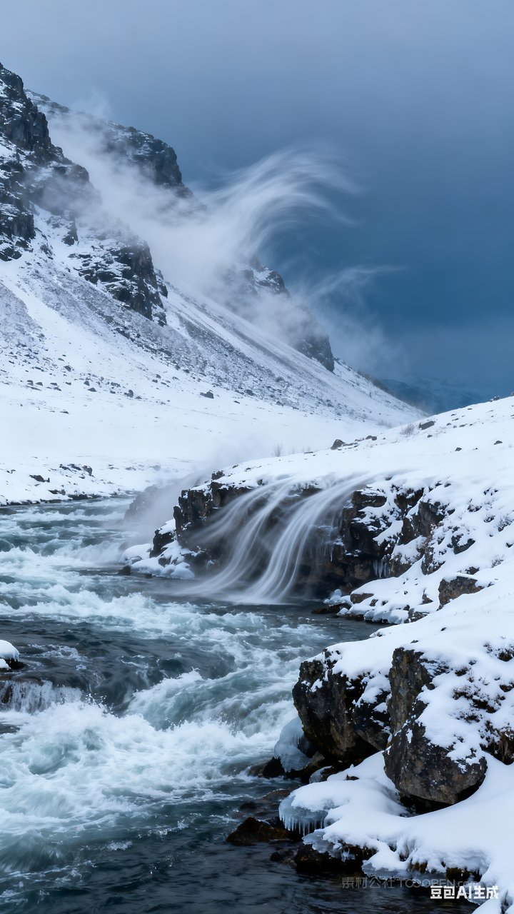 冬季冬天山峰唯美雪山雪景河流风景山水