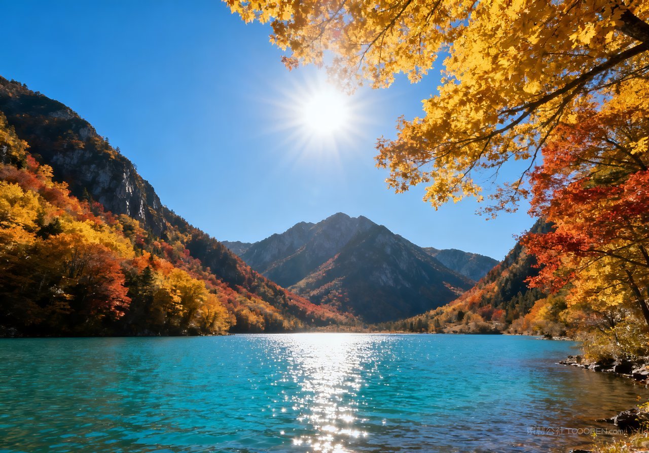 山水天空意境秋天湖泊唯美山峰青山