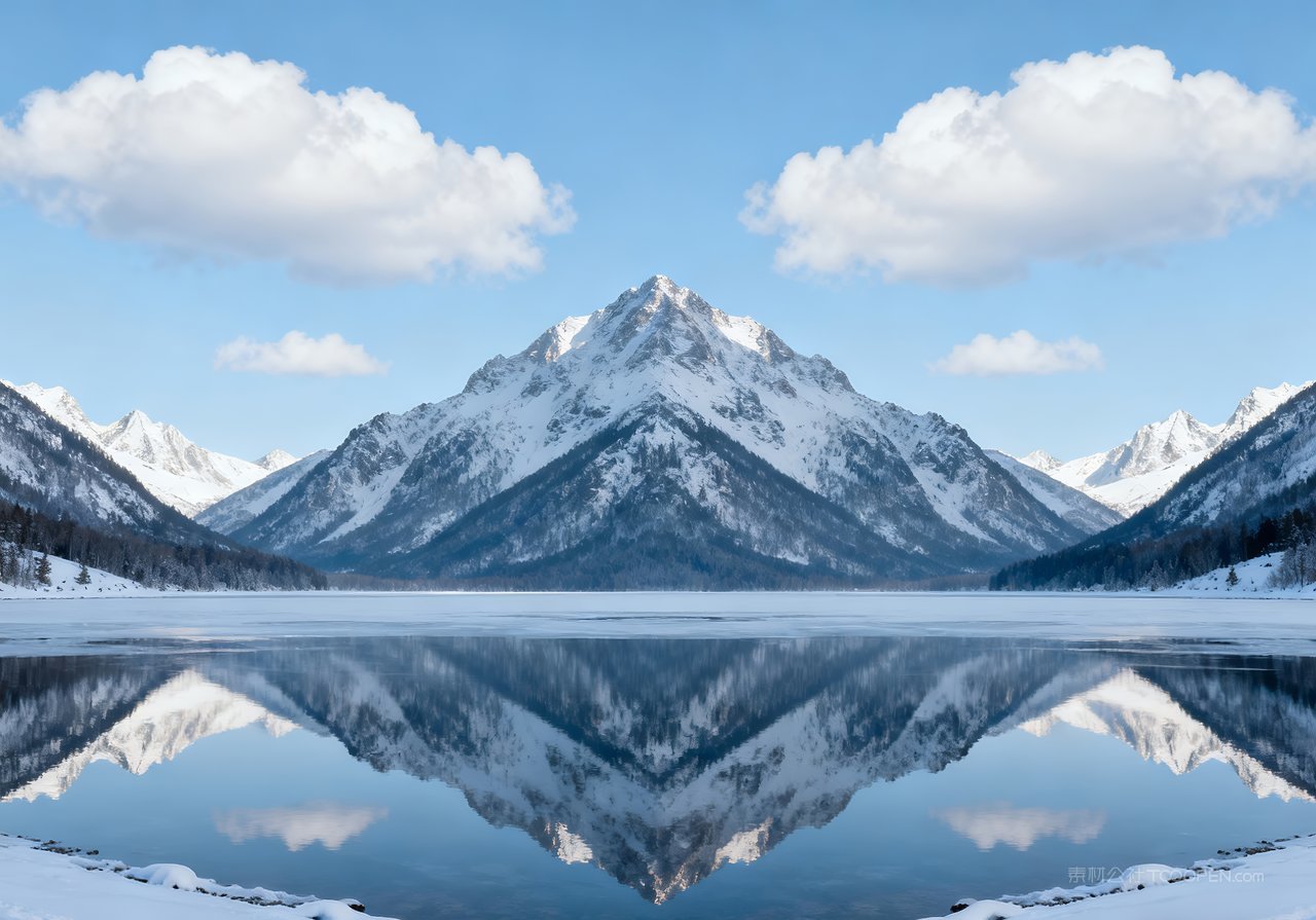 河流冬天山水雪景风景唯美冬季山峰