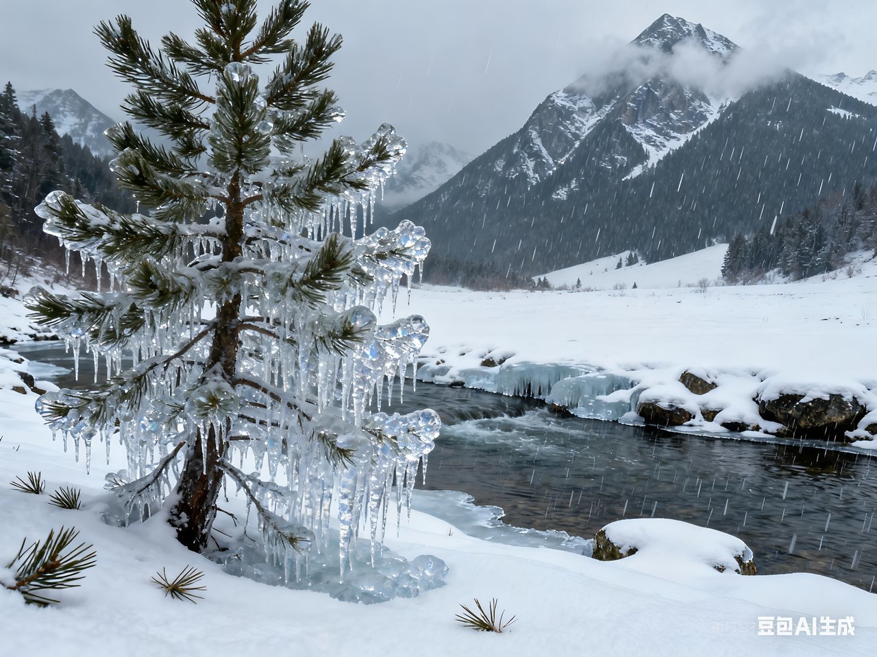冬季雪景山峰山水风景冬天唯美河流