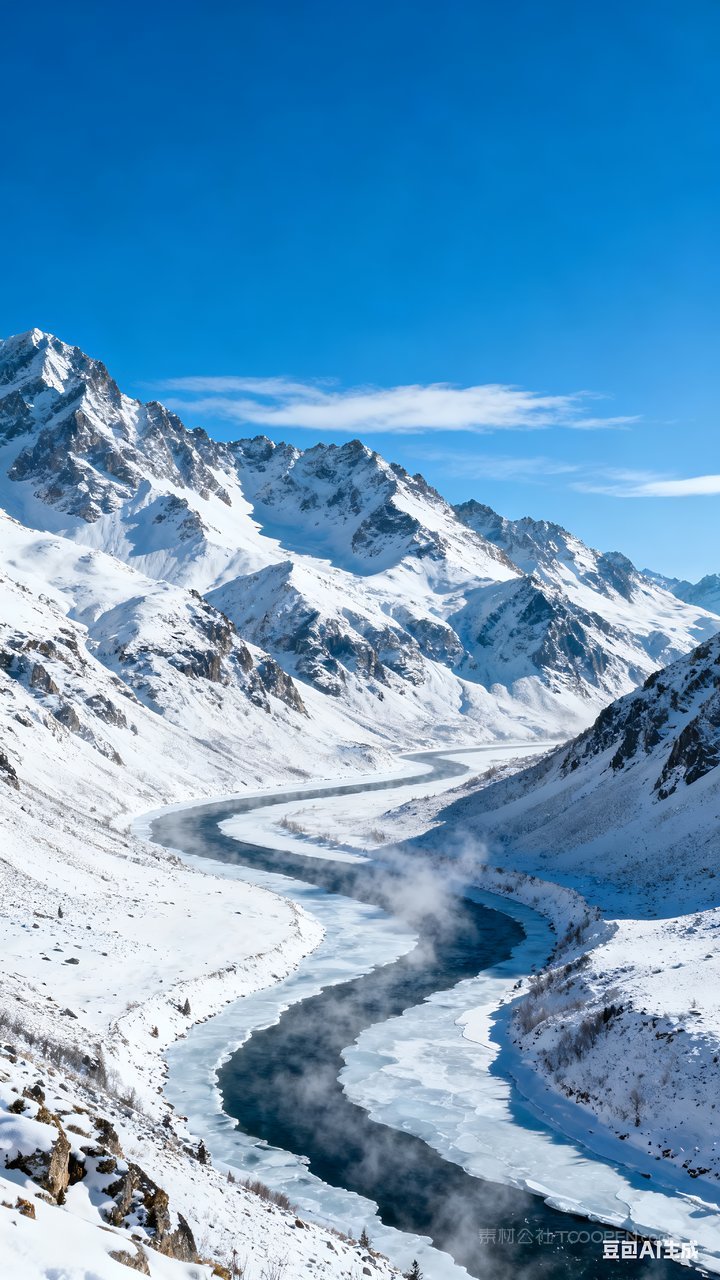 冬天雪景唯美河流山峰山水风景雪山冬季