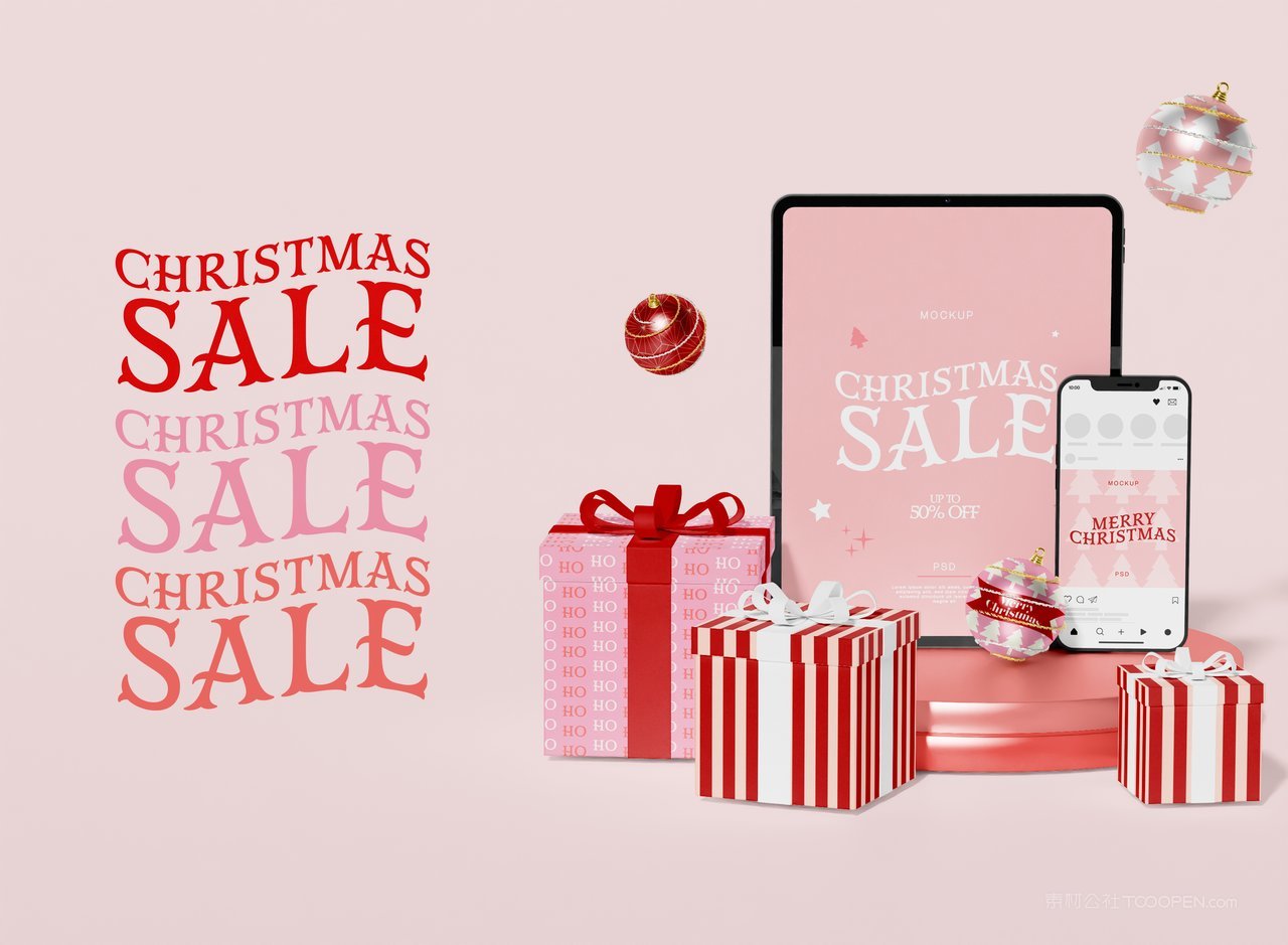 手机与圣诞元素样机