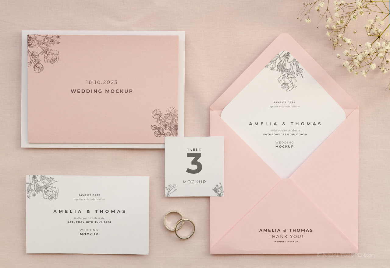 粉色信封花束背景婚礼请柬样机