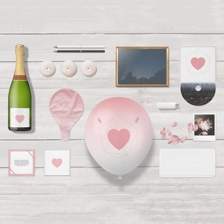 粉红气球啤酒瓶卡片光盘袋样机