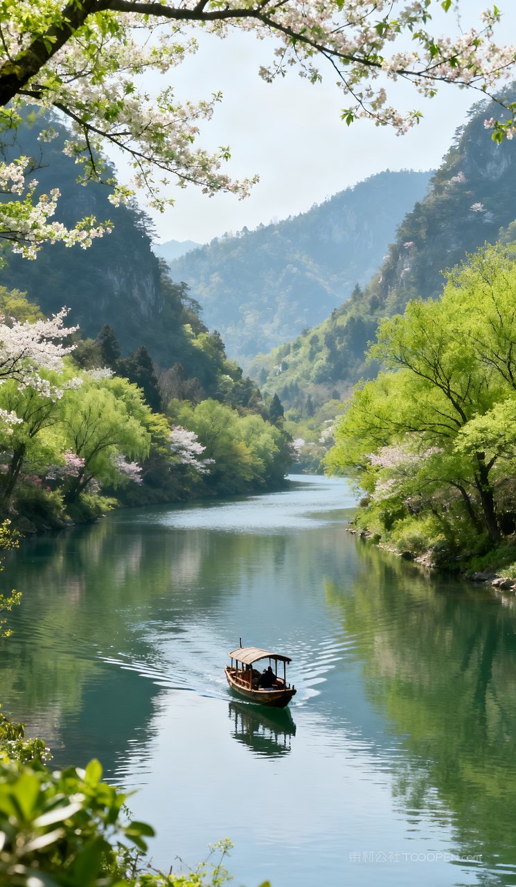 春天山水唯美意境山峰风景自然河流天空