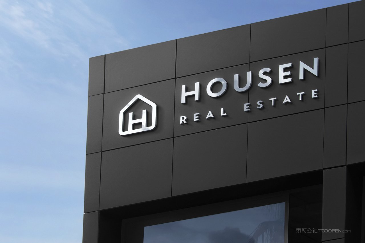 户外商务黑色大楼楼体银色logo标志样机