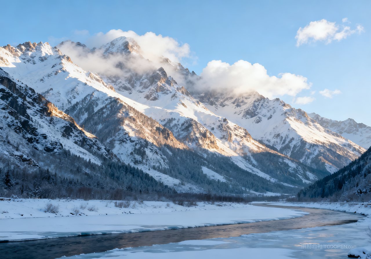 山水冬季风景雪景山峰唯美冬天河流