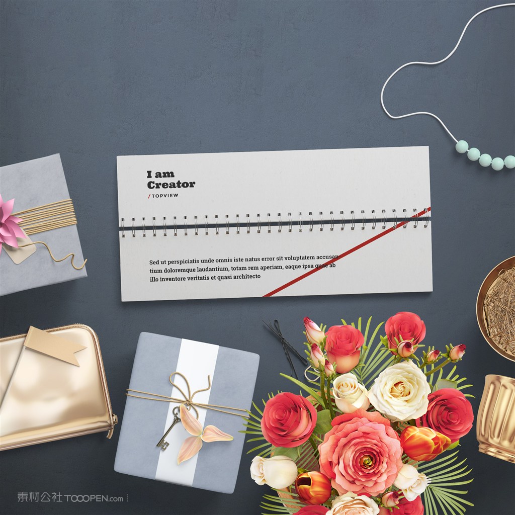 笔记本礼品盒钱包项链花金色杯子场景样机