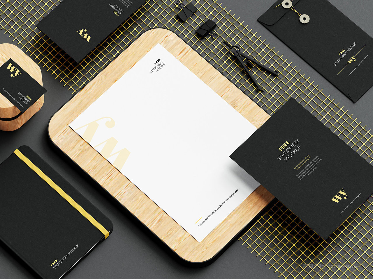 高端黑色背景名片折页信封笔记本A4单页VI样机贴图特写素材