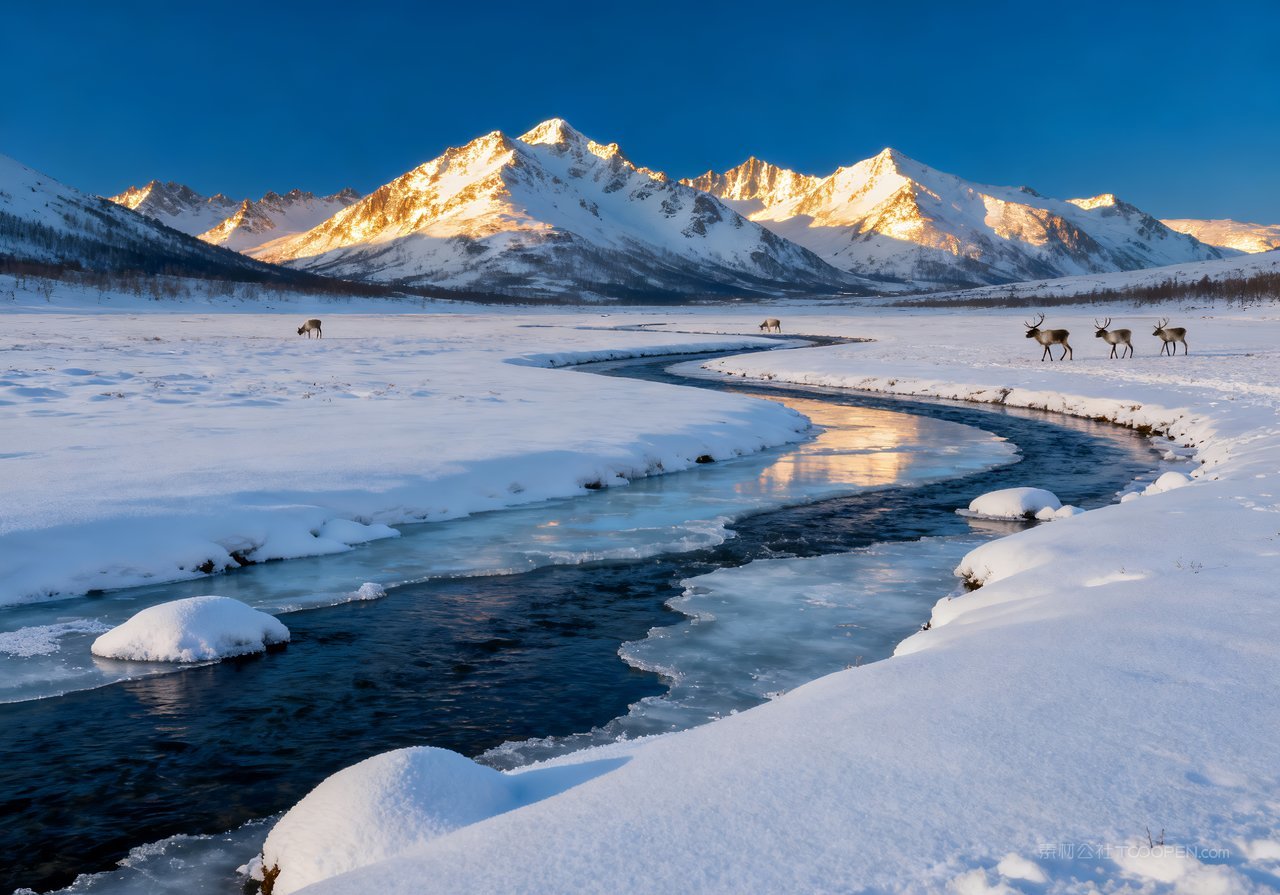 冬天冬季风景唯美山峰河流山水雪景