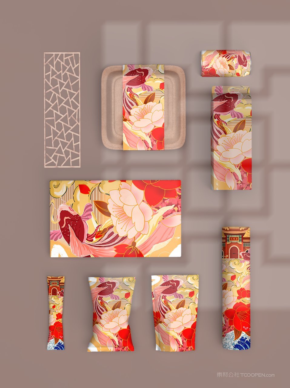 中国红锦鲤包装国潮贺岁年货红色礼盒样机