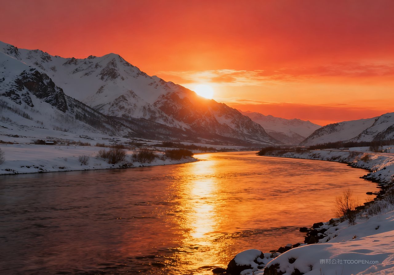 山水唯美山峰冬天河流雪景冬季风景自然