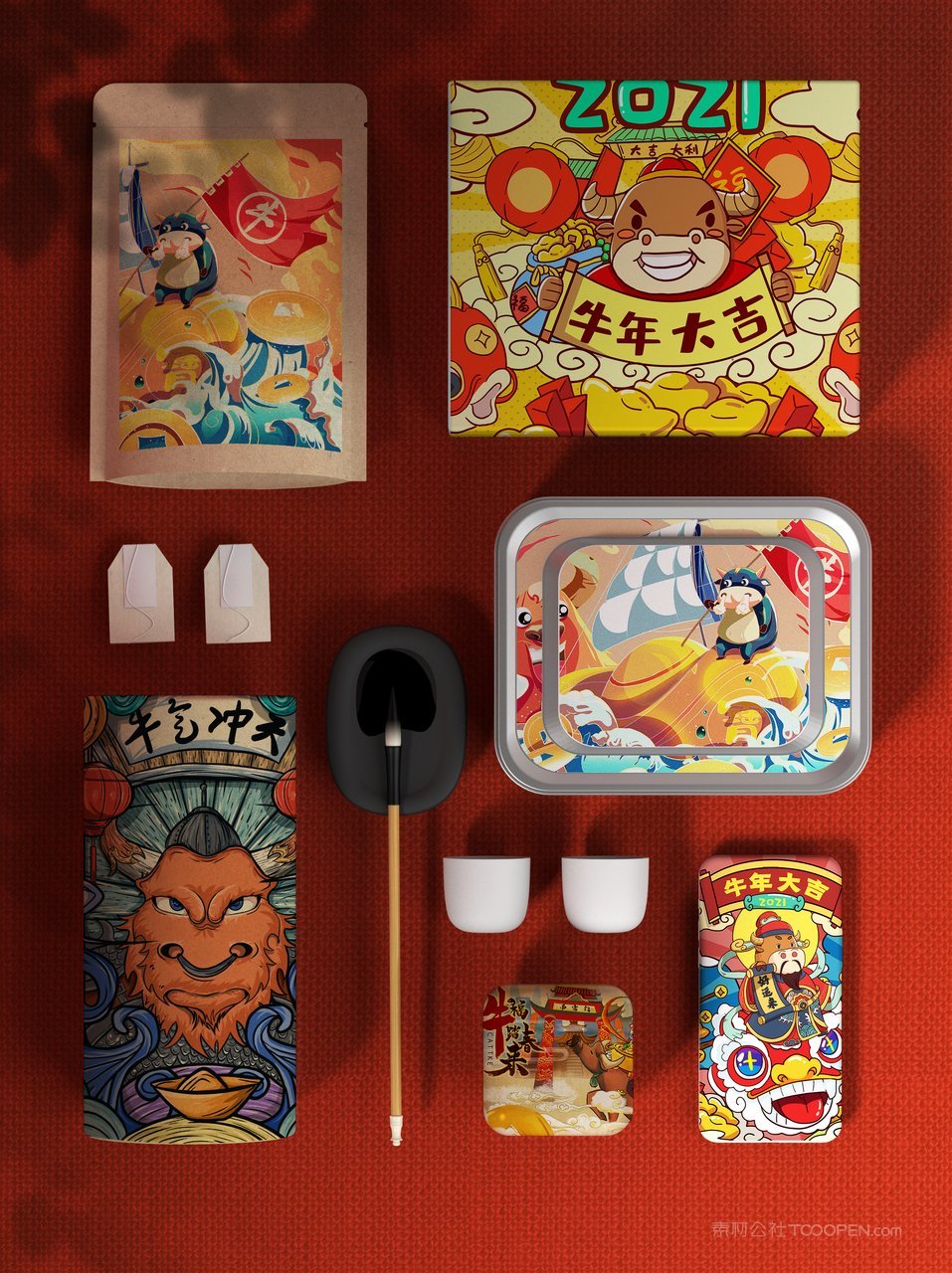 中国红国潮文创贺岁红色礼盒样机