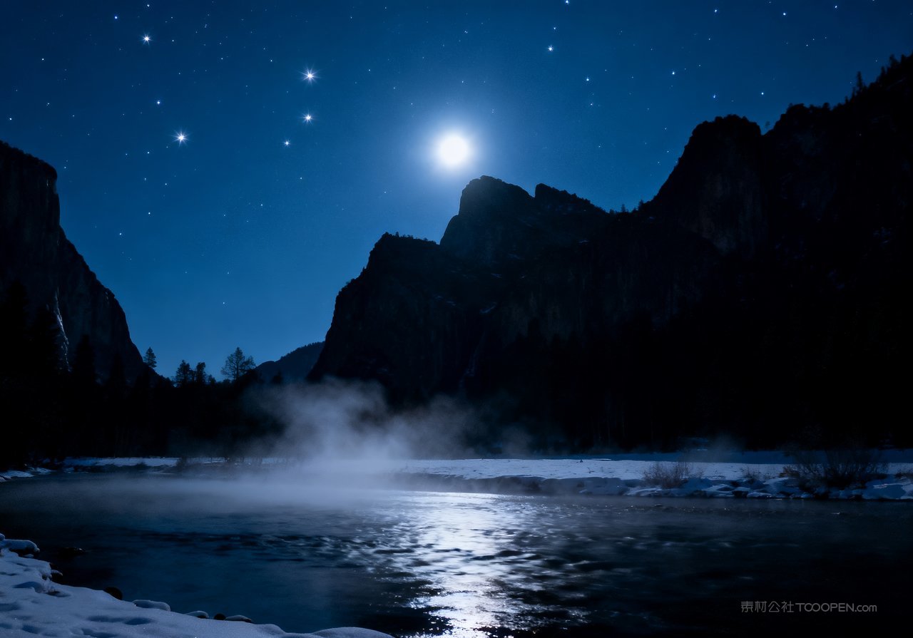 冬天山峰风景雪景唯美冬季山水河流