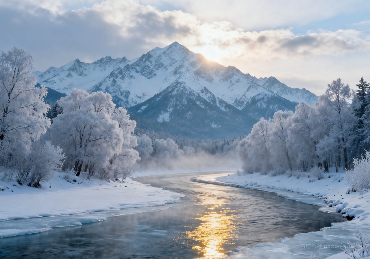 风景雪景冬季河流冬天山水天空山峰