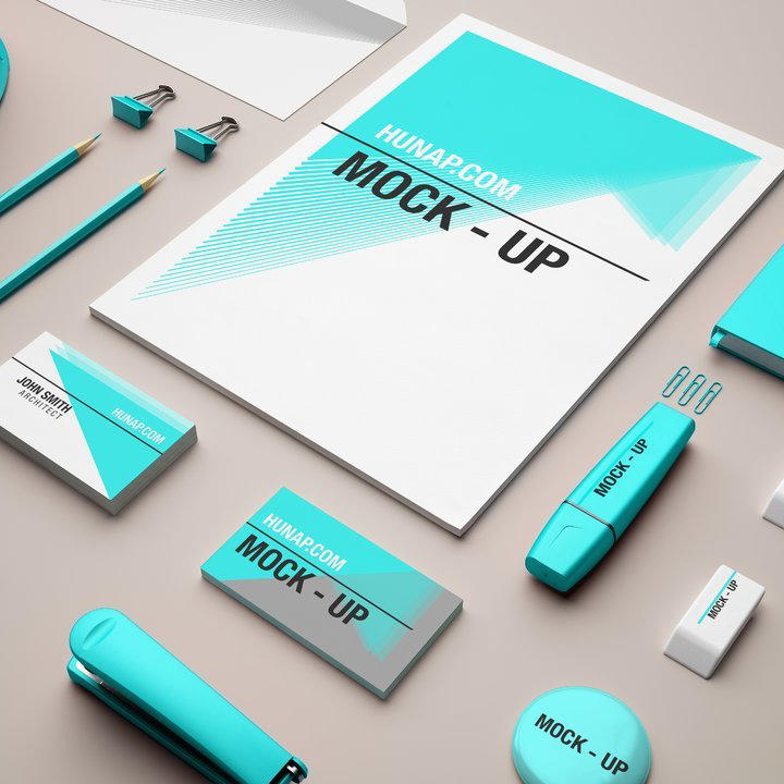 青色宣传单笔记本房地产建筑工地vi样机