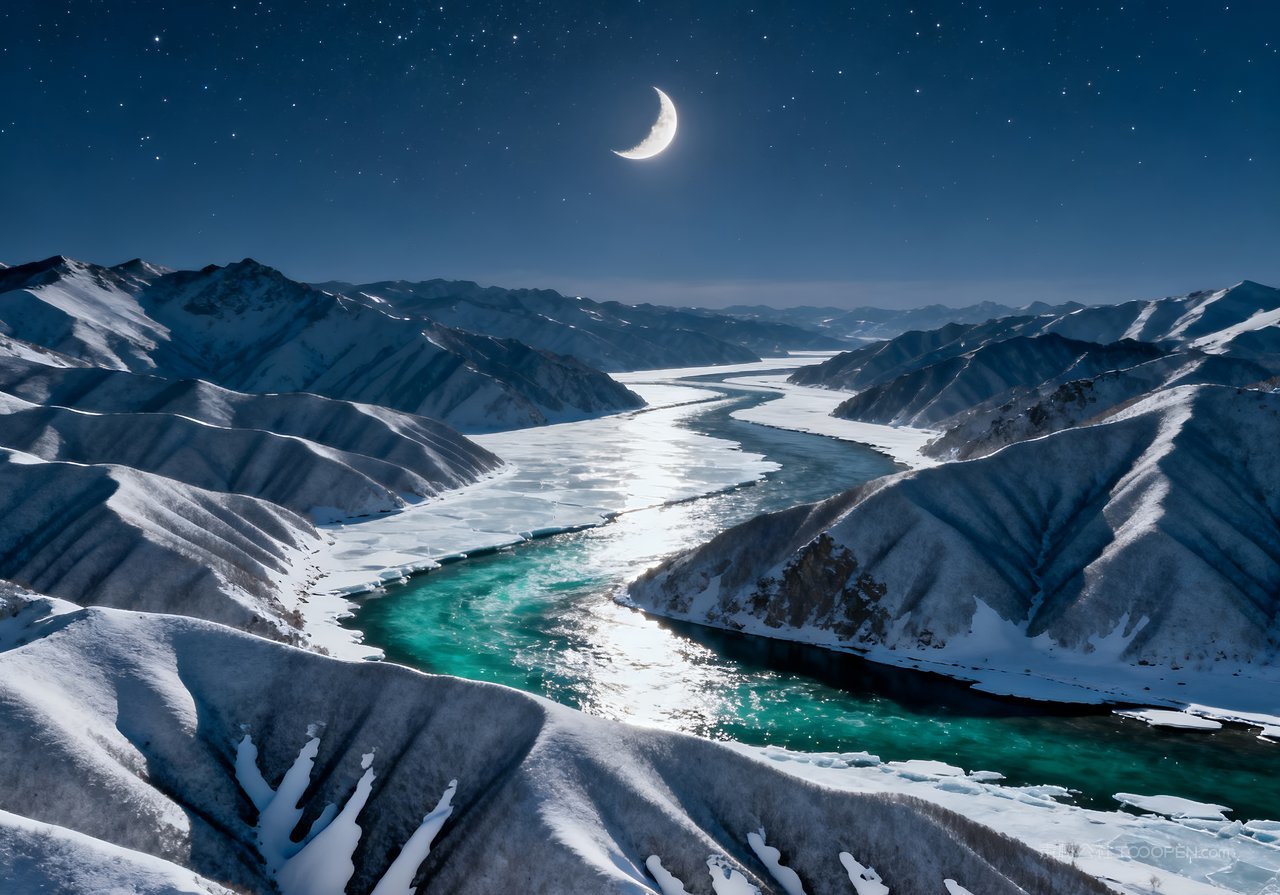 山水冬季风景河流山峰冬天雪景唯美