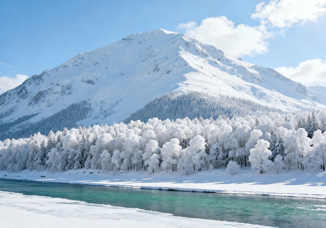 山峰冬季唯美风景山水河流冬天雪景