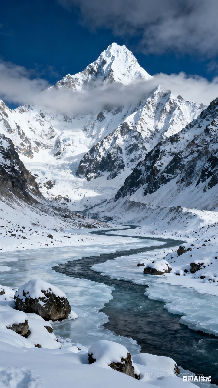 唯美雪景山峰冬天山水冬季河流风景