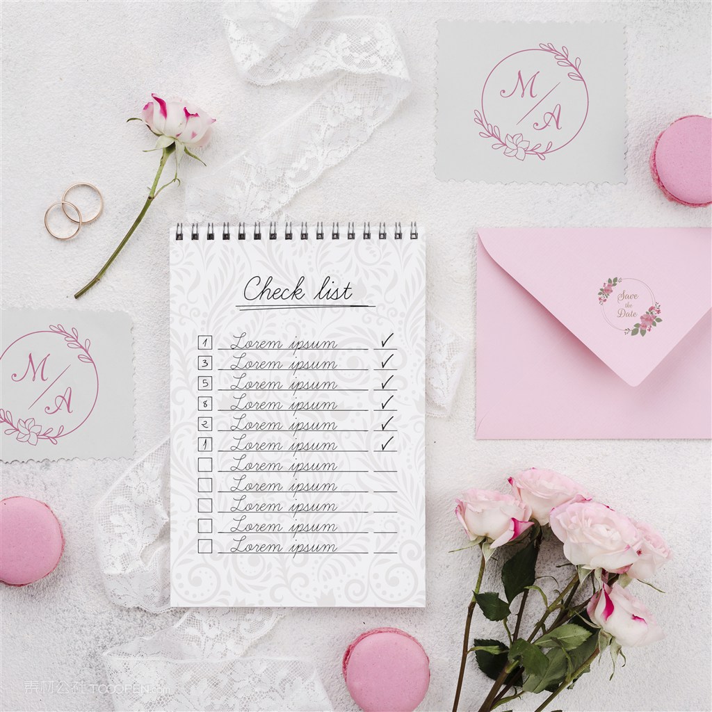 婚礼信纸信封笔记本贴图样机