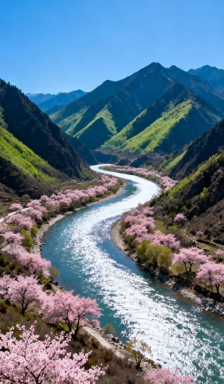 山峰春天河流天空山水风景意境自然唯美