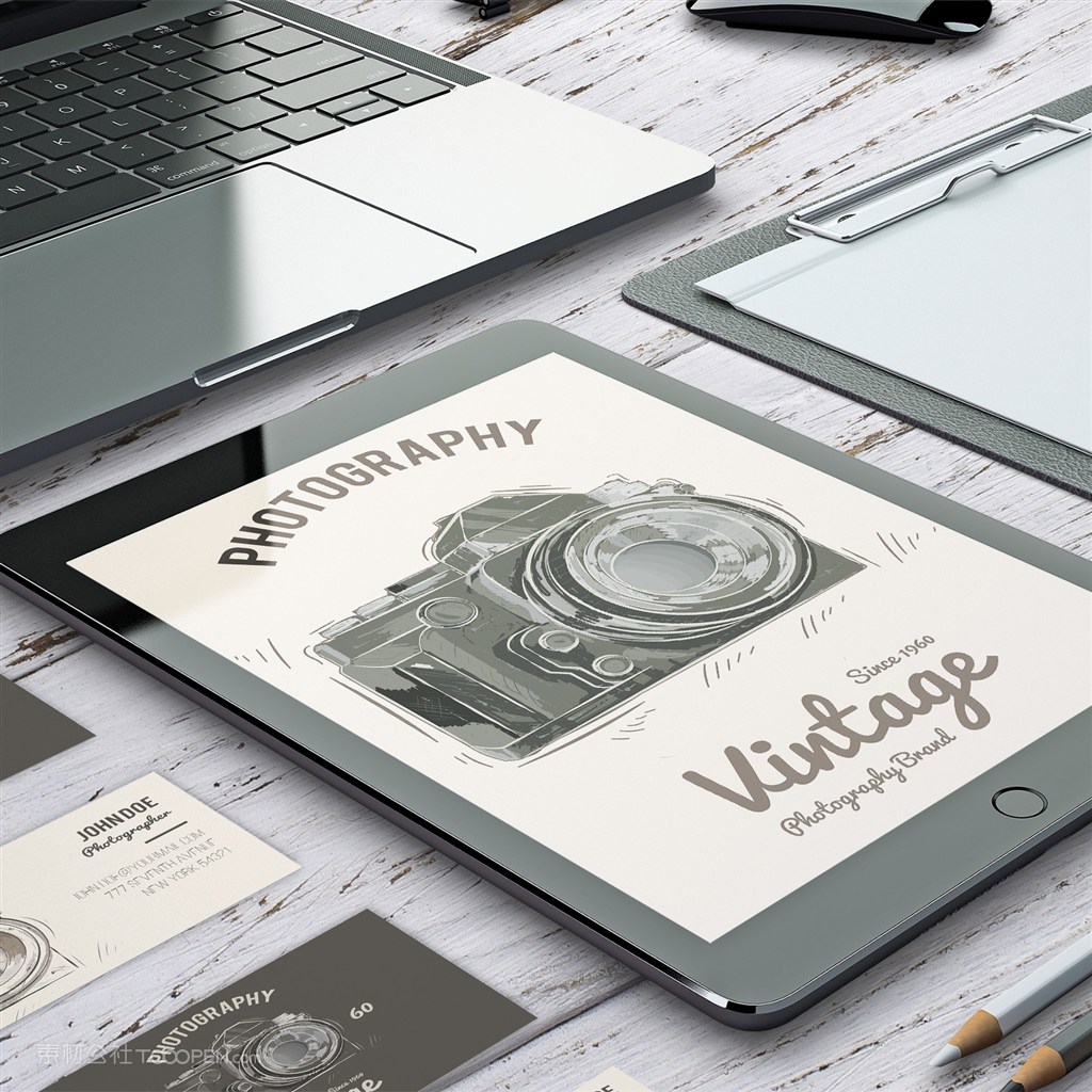摄影概念名片电脑平板vi贴图样机