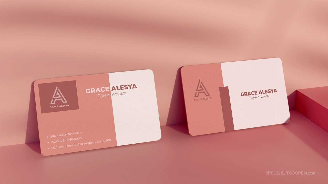 粉色高级两张名片光影场景样机