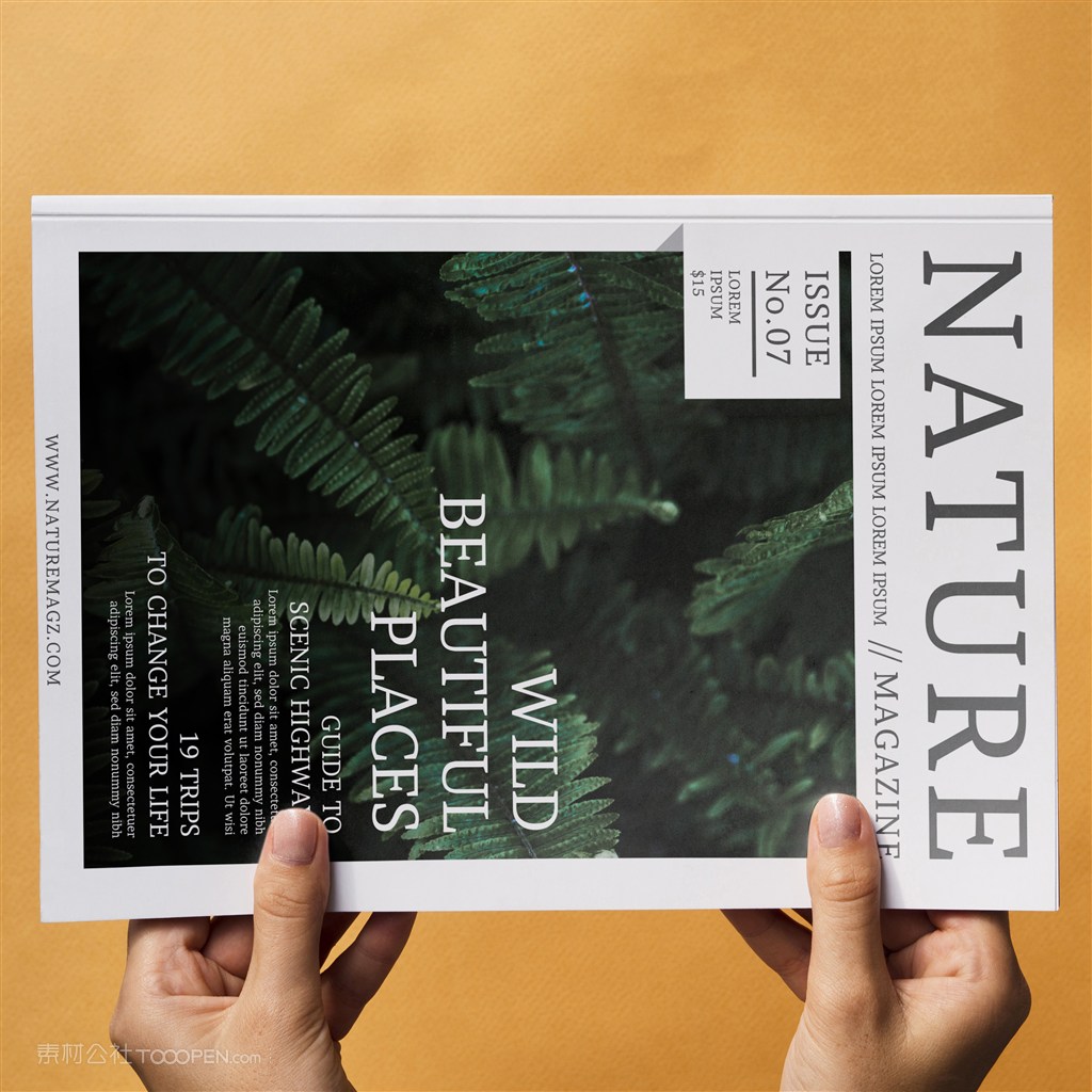 橙色背景上的自然杂志样机