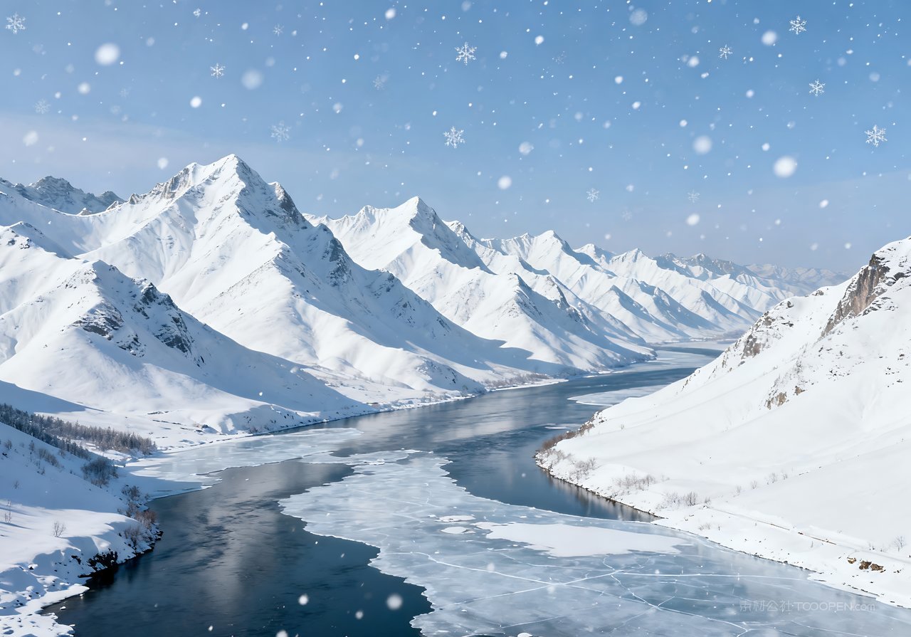 冬天冬季唯美雪景风景山峰河流山水