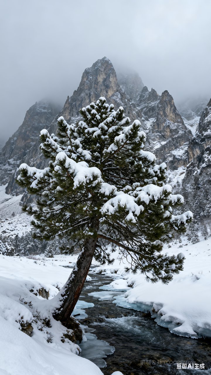 唯美冬天冬季河流山峰风景山水雪景