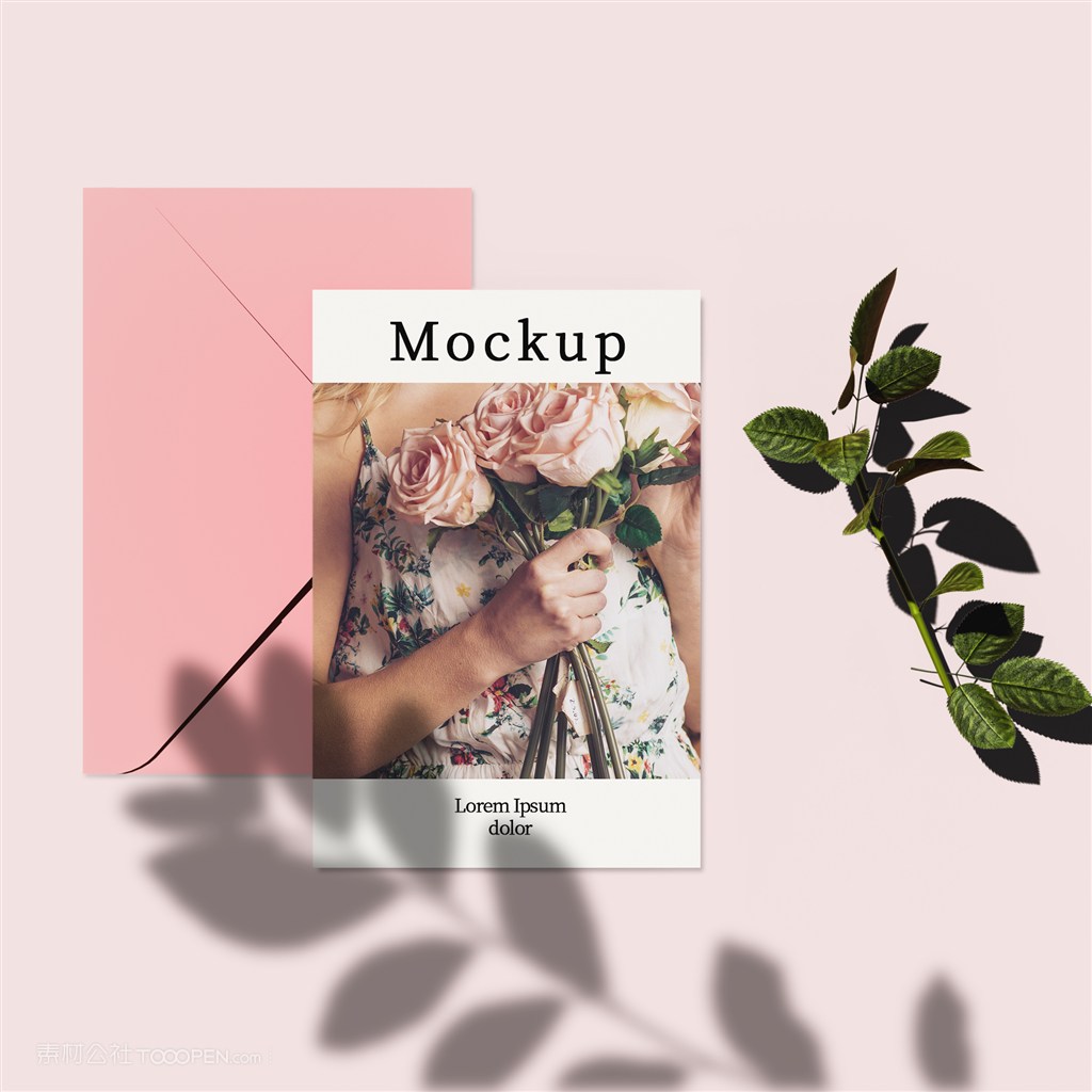 带信封叶子和阴影的卡片贴图样机