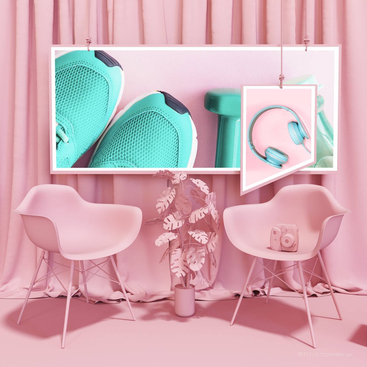 ins风粉色室内空间场景海报相框样机 (6)