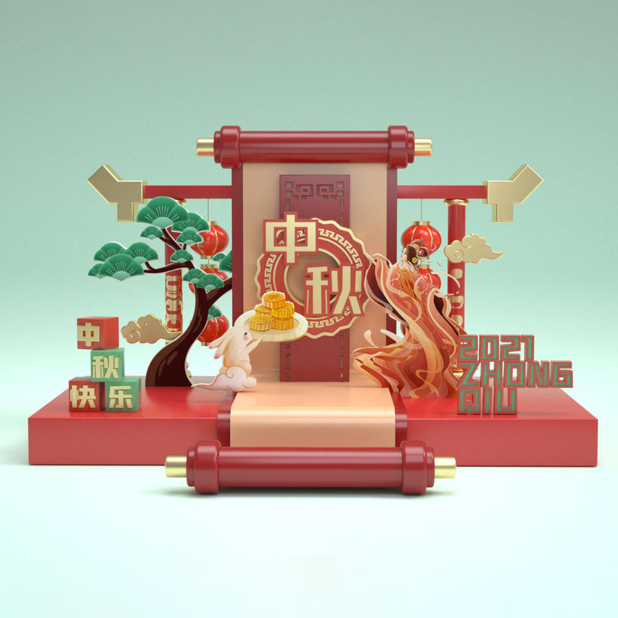 3d中国风精美中秋节月饼销售活动美陈促销堆头