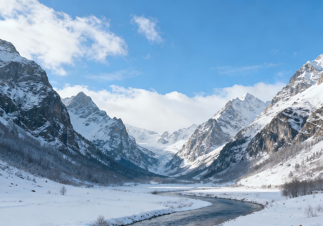 唯美山水自然冬季冬天山峰风景雪景河流