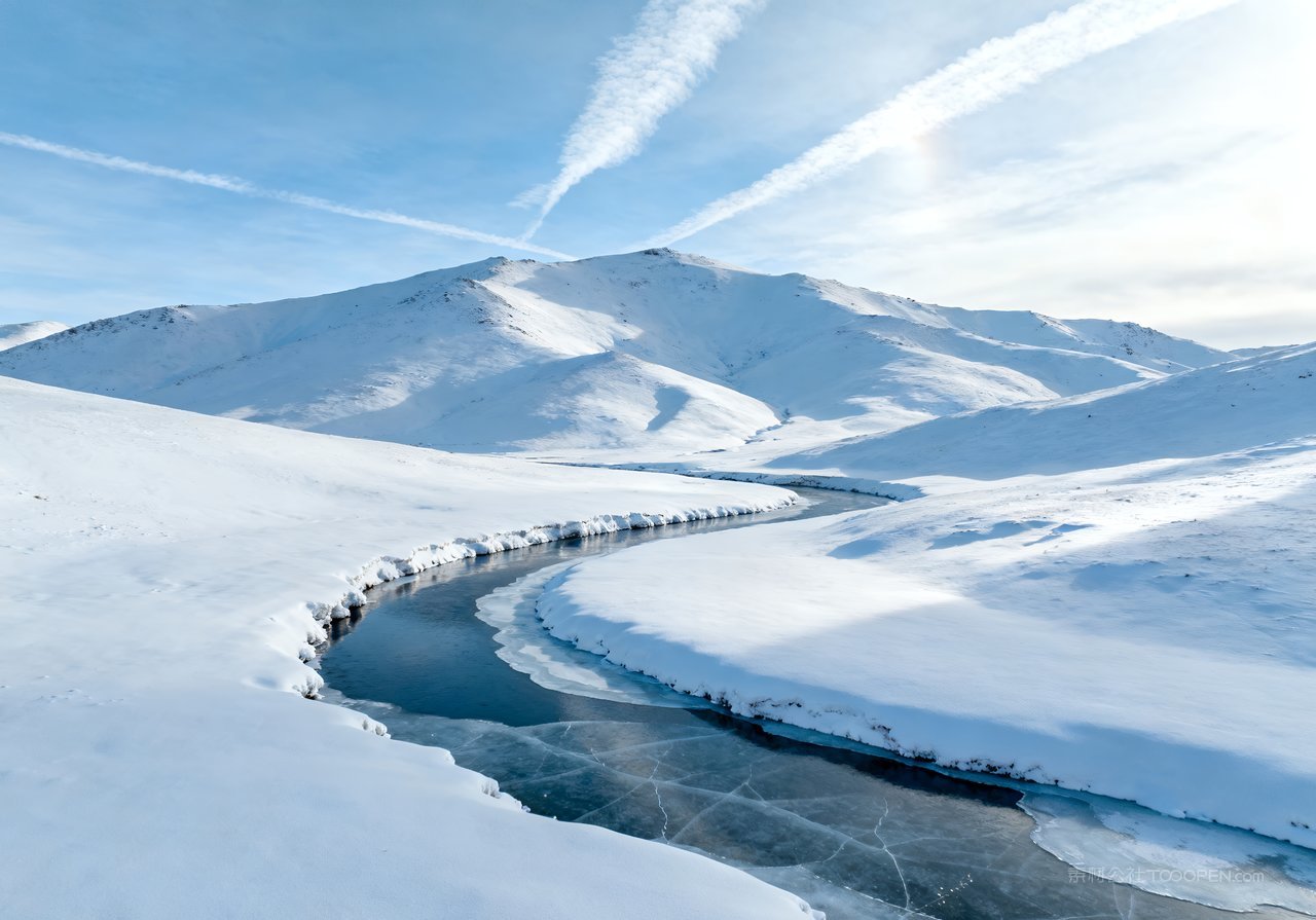 风景河流冬天自然唯美雪景山水山峰冬季