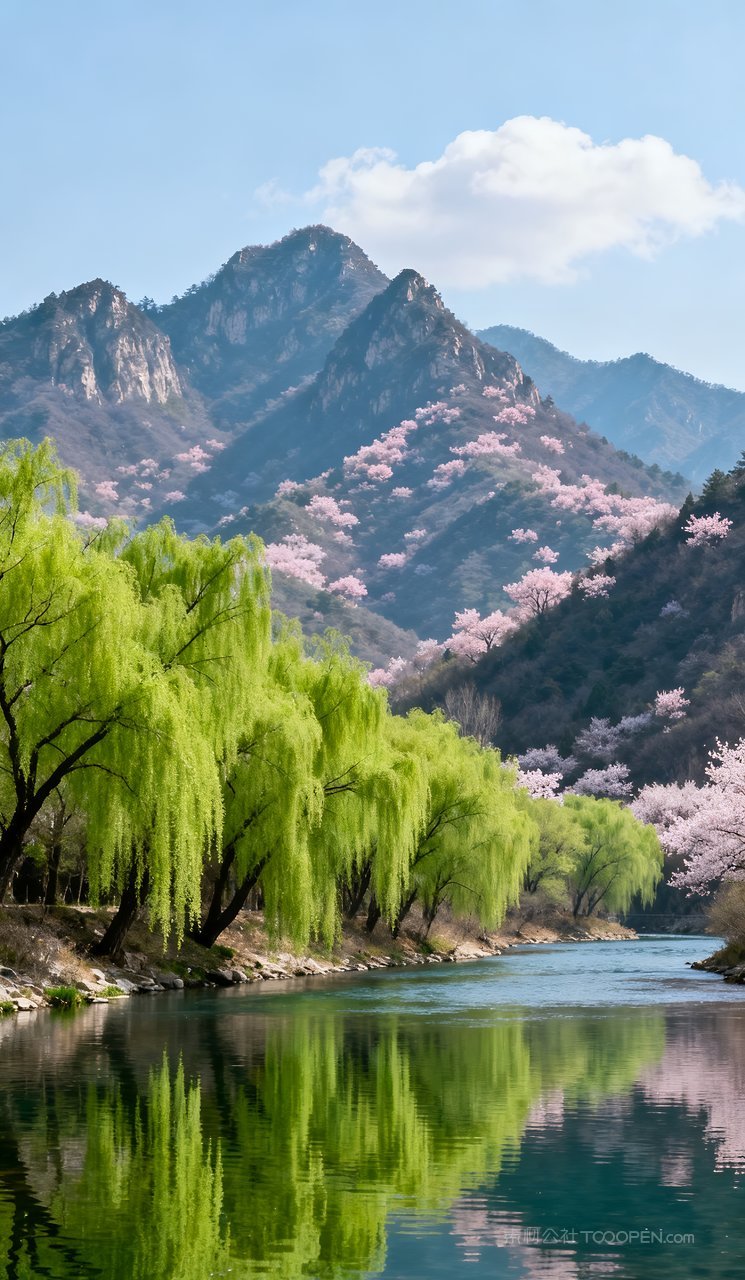 春天风景山峰唯美河流山水意境天空自然